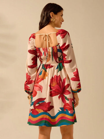 CAJUNI Women's Boho Colorful Tropical Floral Print V-Neck Puff Sleeve Casual Beach Mini Dress