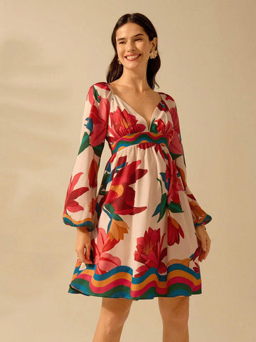 CAJUNI Women's Boho Colorful Tropical Floral Print V-Neck Puff Sleeve Casual Beach Mini Dress