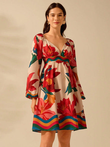 CAJUNI Women's Boho Colorful Tropical Floral Print V-Neck Puff Sleeve Casual Beach Mini Dress