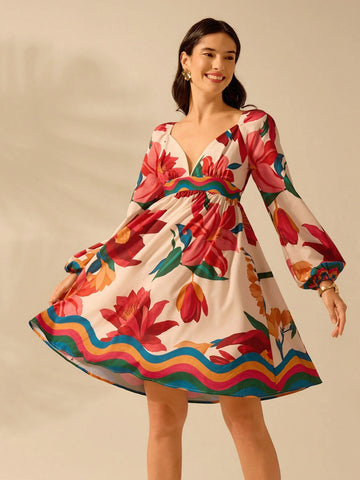 CAJUNI Women's Boho Colorful Tropical Floral Print V-Neck Puff Sleeve Casual Beach Mini Dress