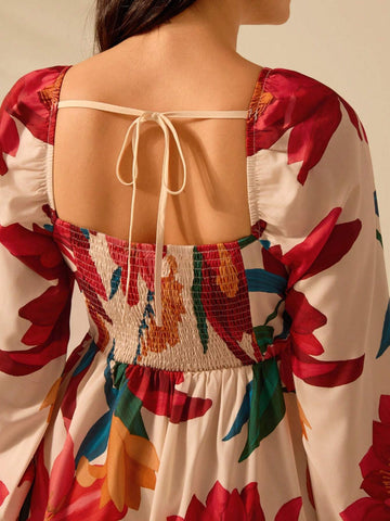 CAJUNI Women's Boho Colorful Tropical Floral Print V-Neck Puff Sleeve Casual Beach Mini Dress