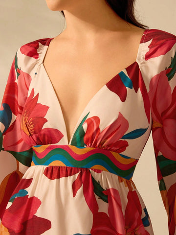 CAJUNI Women's Boho Colorful Tropical Floral Print V-Neck Puff Sleeve Casual Beach Mini Dress