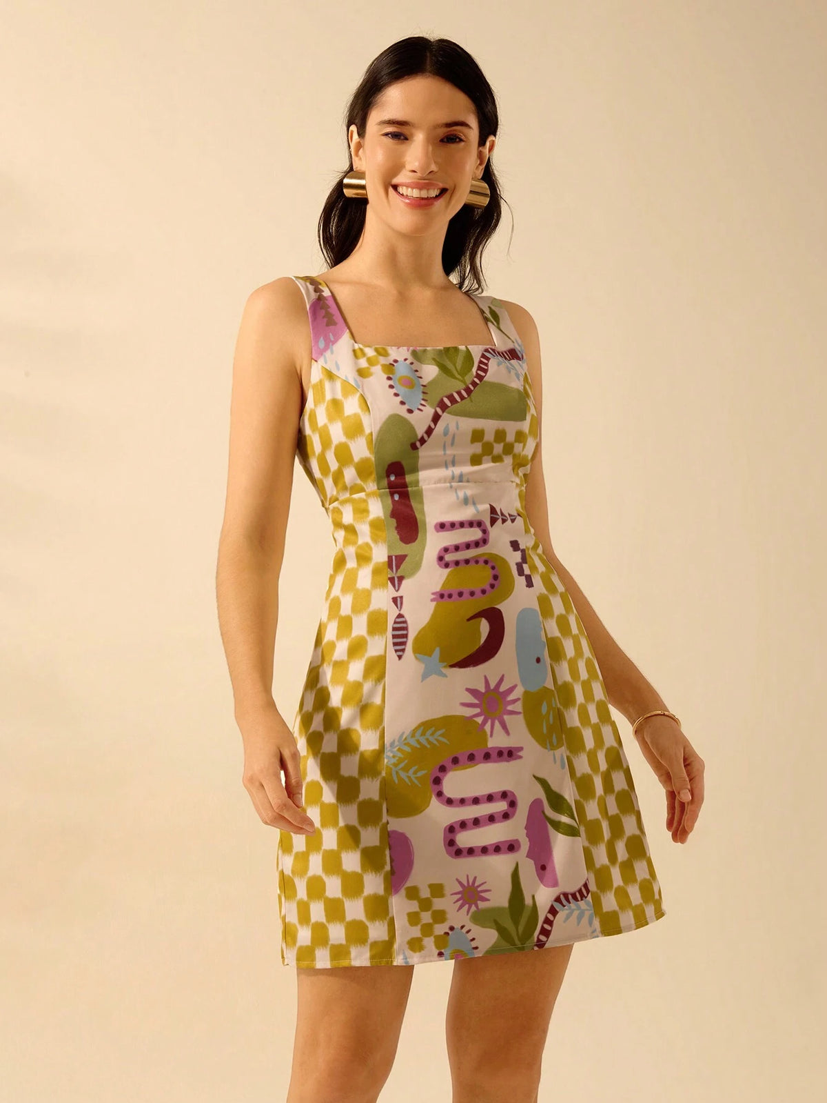 CAJUNI Women's Boho Colorful Tropical Print Vacation Casual Sleeveless Tie-Strap Mini Dress, Summer