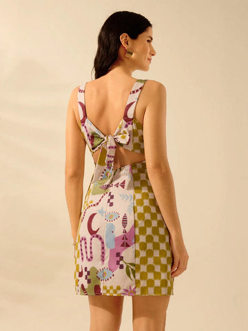 CAJUNI Women's Boho Colorful Tropical Print Vacation Casual Sleeveless Tie-Strap Mini Dress, Summer