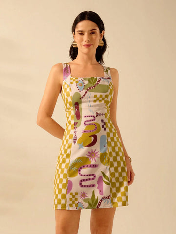 CAJUNI Women's Boho Colorful Tropical Print Vacation Casual Sleeveless Tie-Strap Mini Dress, Summer