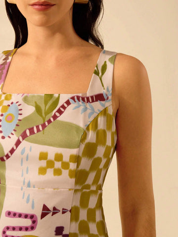 CAJUNI Women's Boho Colorful Tropical Print Vacation Casual Sleeveless Tie-Strap Mini Dress, Summer