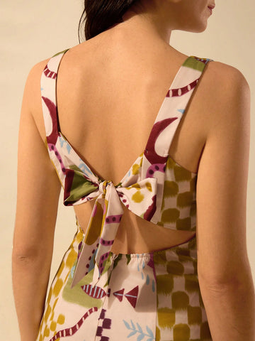 CAJUNI Women's Boho Colorful Tropical Print Vacation Casual Sleeveless Tie-Strap Mini Dress, Summer