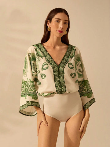 CAJUNI Women's Boho Green Tropical Plant Print, Deep V-Neck Apricot One-Piece Suit, Vacation Leisure Summer Beach Jumpsuit