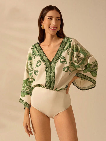 CAJUNI Women's Boho Green Tropical Plant Print, Deep V-Neck Apricot One-Piece Suit, Vacation Leisure Summer Beach Jumpsuit