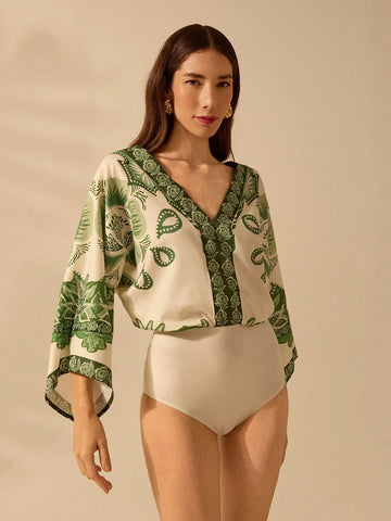 CAJUNI Women's Boho Green Tropical Plant Print, Deep V-Neck Apricot One-Piece Suit, Vacation Leisure Summer Beach Jumpsuit