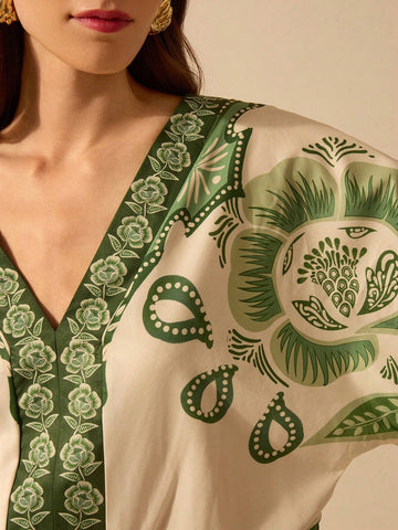 CAJUNI Women's Boho Green Tropical Plant Print, Deep V-Neck Apricot One-Piece Suit, Vacation Leisure Summer Beach Jumpsuit