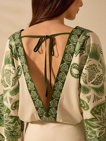 CAJUNI Women's Boho Green Tropical Plant Print, Deep V-Neck Apricot One-Piece Suit, Vacation Leisure Summer Beach Jumpsuit