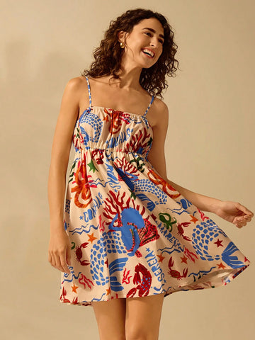 CAJUNI Women's Boho Lobster, Crab, Octopus, Starfish And Coral Ocean Colorful Print, Sleeveless Tie-Up Ruched Bust Mini Sundress Casual Beach Holiday Summer Mini Dress