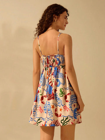 CAJUNI Women's Boho Lobster, Crab, Octopus, Starfish And Coral Ocean Colorful Print, Sleeveless Tie-Up Ruched Bust Mini Sundress Casual Beach Holiday Summer Mini Dress