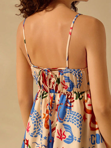 CAJUNI Women's Boho Lobster, Crab, Octopus, Starfish And Coral Ocean Colorful Print, Sleeveless Tie-Up Ruched Bust Mini Sundress Casual Beach Holiday Summer Mini Dress