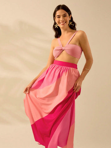 CAJUNI Women's Boho Multi-Color Printed Maxi Skirt, Holiday Leisure Beach Summer Skirt