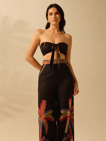 CAJUNI Women's Boho Mushroom & Coconut Tree Print Vacation Casual Summer Beach Tie Back Bandeau Top & Straight Leg Pants 2 Piece Set, Black