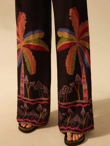 CAJUNI Women's Boho Mushroom & Coconut Tree Print Vacation Casual Summer Beach Tie Back Bandeau Top & Straight Leg Pants 2 Piece Set, Black