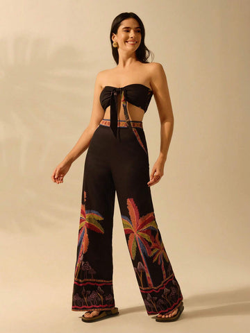 CAJUNI Women's Boho Mushroom & Coconut Tree Print Vacation Casual Summer Beach Tie Back Bandeau Top & Straight Leg Pants 2 Piece Set, Black