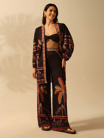 CAJUNI Women's Boho Mushroom & Coconut Tree Print Vacation Casual Summer Beach Tie Back Bandeau Top & Straight Leg Pants 2 Piece Set, Black