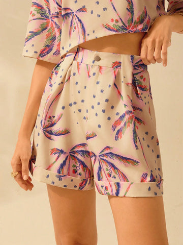 CAJUNI Women's Boho Purple Palm Tree Print Summer Beach Casual Shorts