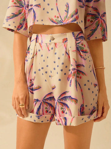 CAJUNI Women's Boho Purple Palm Tree Print Summer Beach Casual Shorts