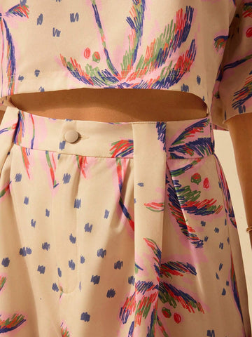 CAJUNI Women's Boho Purple Palm Tree Print Summer Beach Casual Shorts