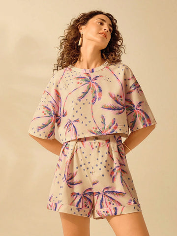 CAJUNI Women's Boho Purple Palm Tree Print Summer Beach Casual Shorts