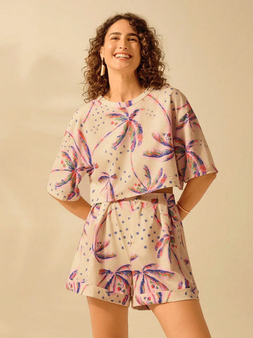 CAJUNI Women's Boho Purple Palm Tree Print Summer Beach Casual Shorts