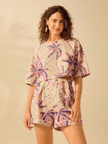 CAJUNI Women's Boho Purple Palm Tree Print Summer Beach Casual Shorts