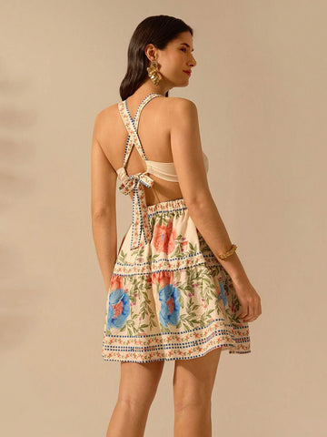 CAJUNI Women's Boho Sweet Floral Print Sleeveless Tie Front Backless Mini Dress, Vacation Casual Beach Summer Dress