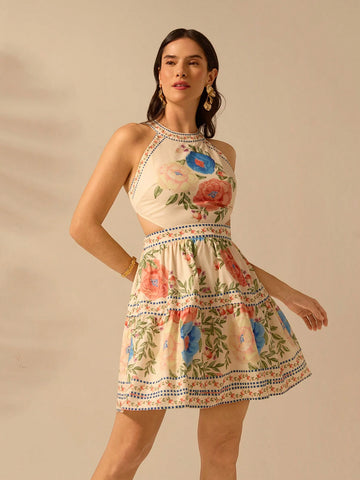 CAJUNI Women's Boho Sweet Floral Print Sleeveless Tie Front Backless Mini Dress, Vacation Casual Beach Summer Dress