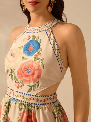 CAJUNI Women's Boho Sweet Floral Print Sleeveless Tie Front Backless Mini Dress, Vacation Casual Beach Summer Dress