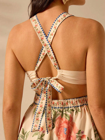 CAJUNI Women's Boho Sweet Floral Print Sleeveless Tie Front Backless Mini Dress, Vacation Casual Beach Summer Dress