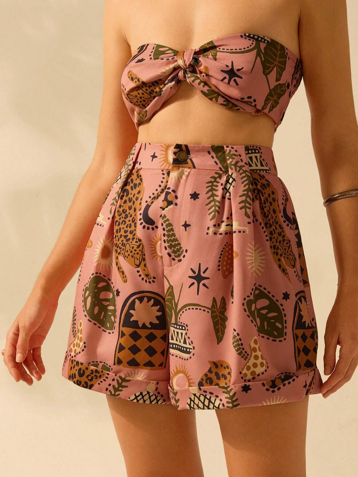 CAJUNI Women's Boho Tropical Animal & Plant Print Casual Beach Shorts For Summer Vacation