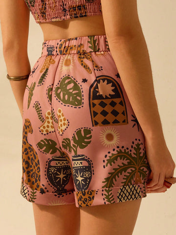 CAJUNI Women's Boho Tropical Animal & Plant Print Casual Beach Shorts For Summer Vacation