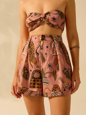 CAJUNI Women's Boho Tropical Animal & Plant Print Casual Beach Shorts For Summer Vacation