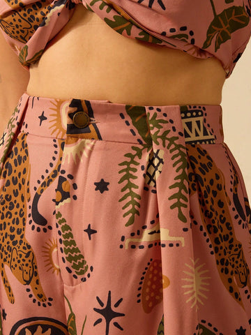 CAJUNI Women's Boho Tropical Animal & Plant Print Casual Beach Shorts For Summer Vacation