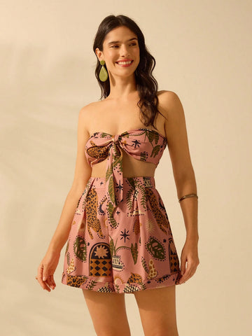 CAJUNI Women's Boho Tropical Animal & Plant Print Casual Beach Shorts For Summer Vacation