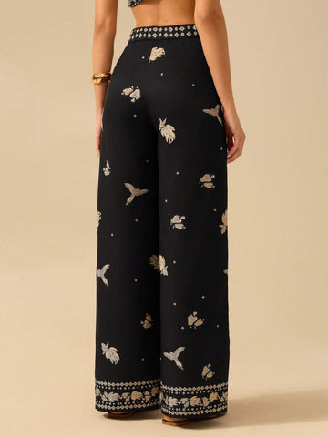 CAJUNI Women's Boho Tropical Bird, Banana & Geometric Print Black Wide Leg Extra Long Palazzo Pants