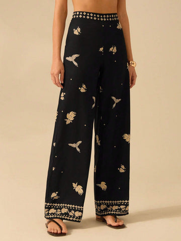 CAJUNI Women's Boho Tropical Bird, Banana & Geometric Print Black Wide Leg Extra Long Palazzo Pants
