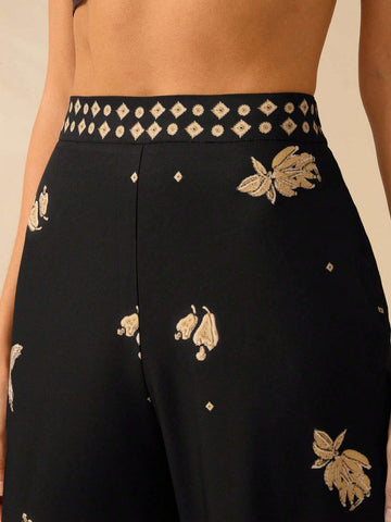 CAJUNI Women's Boho Tropical Bird, Banana & Geometric Print Black Wide Leg Extra Long Palazzo Pants