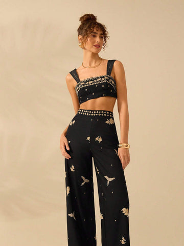 CAJUNI Women's Boho Tropical Bird, Banana & Geometric Print Black Wide Leg Extra Long Palazzo Pants