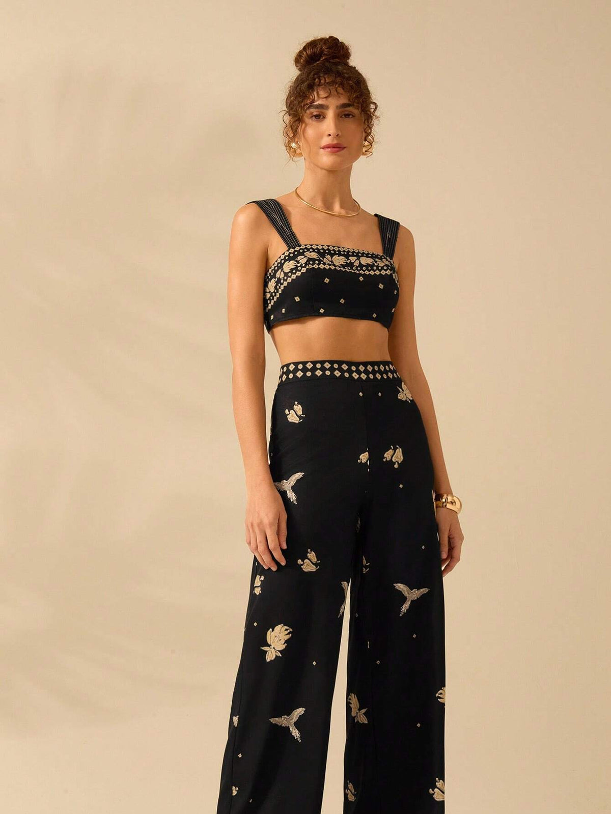 CAJUNI Women's Boho Tropical Bird, Banana & Geometric Print Black Wide Leg Extra Long Palazzo Pants