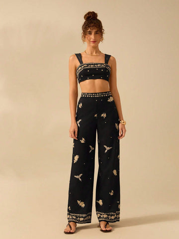 CAJUNI Women's Boho Tropical Bird, Banana & Geometric Print Black Wide Leg Extra Long Palazzo Pants