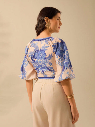 Boho Tropical Floral Blue Print, Bishop Sleeve Deep V-Neck Beige Lace Up Blouse