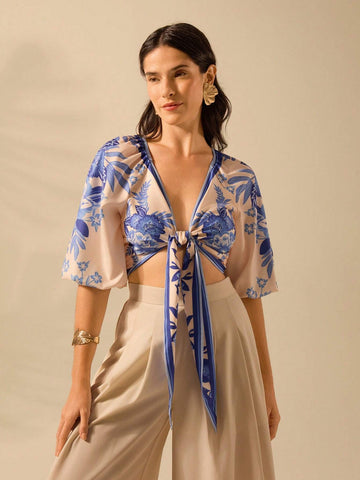 Boho Tropical Floral Blue Print, Bishop Sleeve Deep V-Neck Beige Lace Up Blouse
