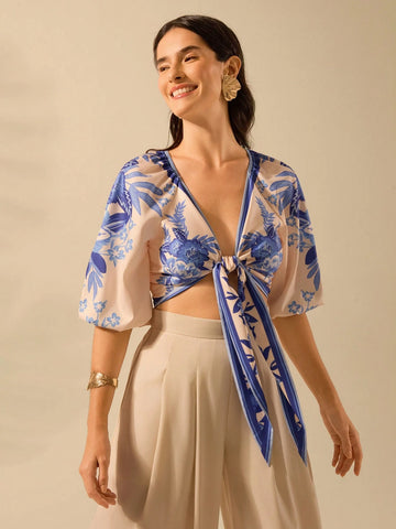 Boho Tropical Floral Blue Print, Bishop Sleeve Deep V-Neck Beige Lace Up Blouse