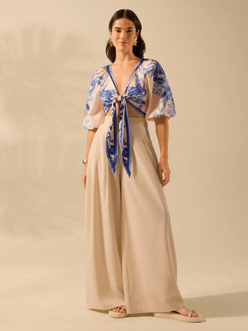 Boho Tropical Floral Blue Print, Bishop Sleeve Deep V-Neck Beige Lace Up Blouse
