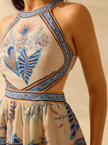 CAJUNI Women's Boho Tropical Floral, Pineapple, ZZ Plant Print Halter Backless Mini Dress, Casual Beach Vacation Summer Dress